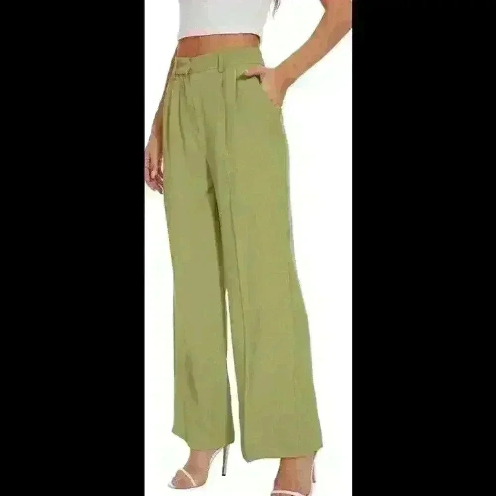 Funyyzo Pants Women High Rise Trousers Green  Flare Wide Leg Dress Size L